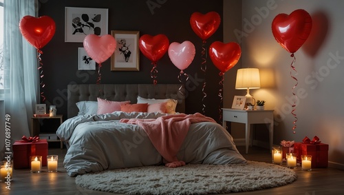 Interior of bedroom decorated for Valentine's Day with balloons, gifts and glowing lamps