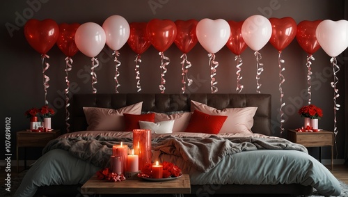 Interior of bedroom decorated for Valentine's Day with balloons, gifts and glowing lamps