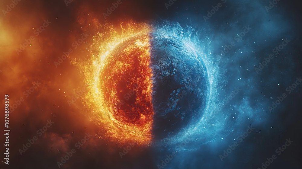 Obraz premium A dramatic image shows the earth caught between fire and ice, symbolizing the extreme effects of climate change