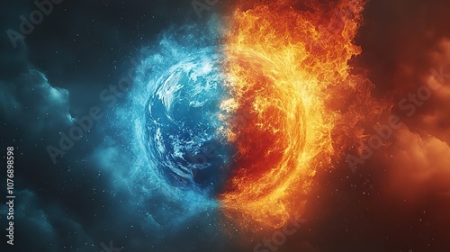 A dramatic image shows the earth caught between fire and ice, symbolizing the extreme effects of climate change