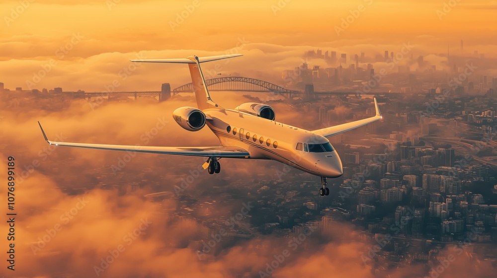 An elegant jet approaches Sydney\'s airport, framed by the iconic Harbour Bridge and a stunning sunset backdrop An elegant jet approaches Sydney\'s airport, framed by the iconic Harbour Bridge and a stunning sunset backdrop