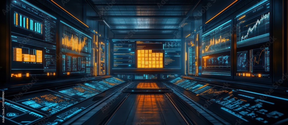 Obraz premium Futuristic control room with many screens displaying charts and graphs, glowing with warm orange and cool blue light.
