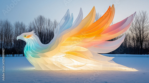 Illuminated ice sculpture of a majestic bird at a winter carnival in evening light
