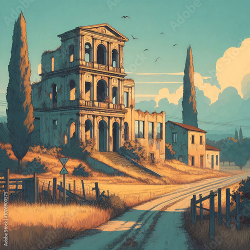 old abandoned town in the morning. digital illustration.