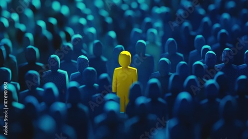 Unique Figure in a Sea of Blue: A Striking Visual Representation of Individuality and Standing Out Amidst a Crowd, Symbolizing Uniqueness and Identity in Society photo