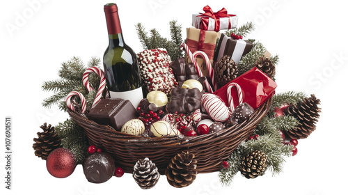 Christmas Gift Basket with Wine, Treats, and Festive Accents on Transparent Background

