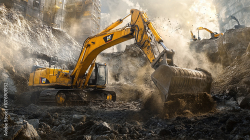 Close-up of heavy machinery such as an excavator digging into the earth photo