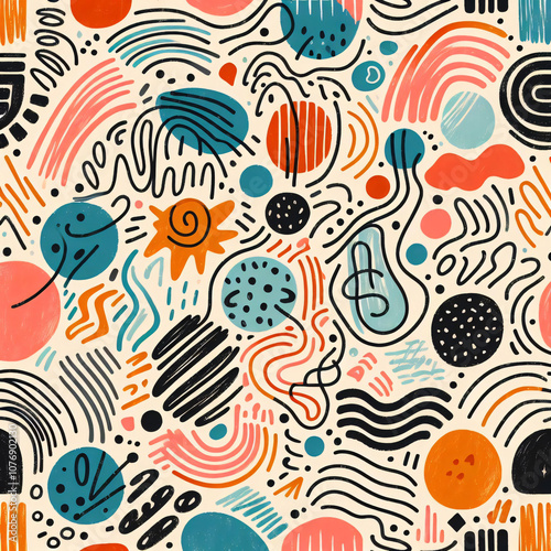 seamless pattern with colourful circles and line.