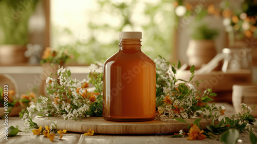 hydrating massage oil bottle surrounded by fresh flowers and greenery