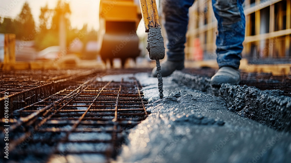 Construction workers pouring concrete into molds for a building’s foundation