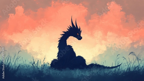 Sitting Black Dragon Silhouette - Vector Drawing of a Mythical Creature