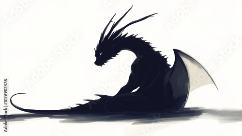 Sitting Black Dragon Silhouette - Vector Drawing of a Mythical Creature
