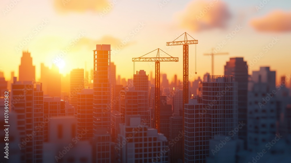 Fototapeta premium Builders construct modern skyline at sunset showcasing urban development and architecture