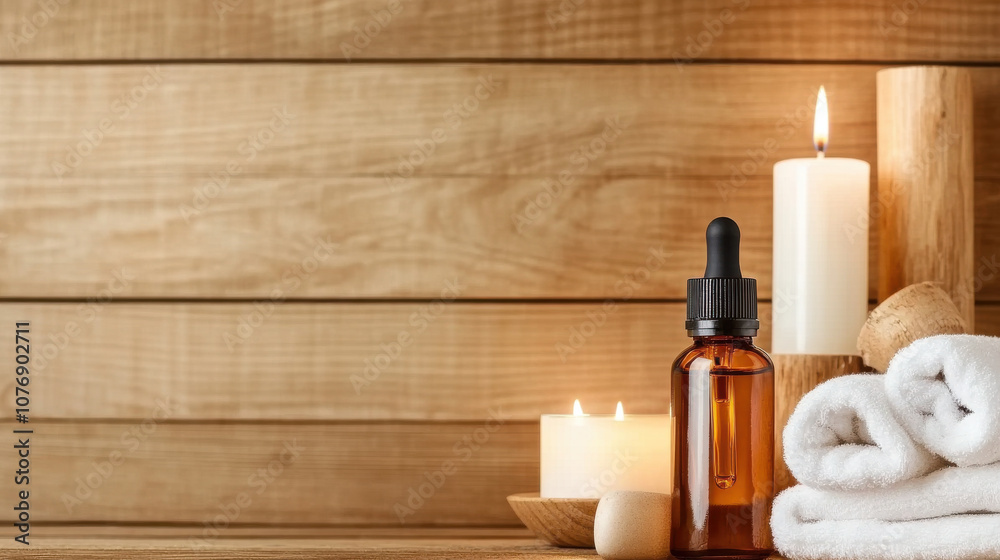 Relaxing massage oil bottle and scented candles create calming atmosphere Relaxing massage oil bottle and scented candles create calming atmosphere
