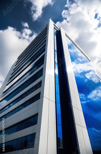 Modern Building with Glass Facade Reflecting Clouds and Blue Sky photo