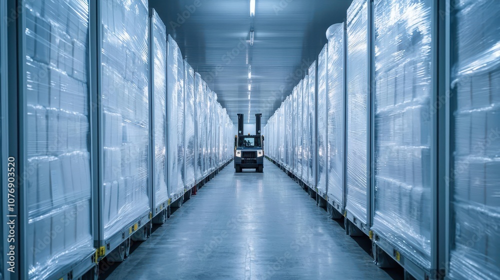 Efficient warehouse management how forklifts navigate through organized aisles of stock Efficient warehouse management how forklifts navigate through organized aisles of stock