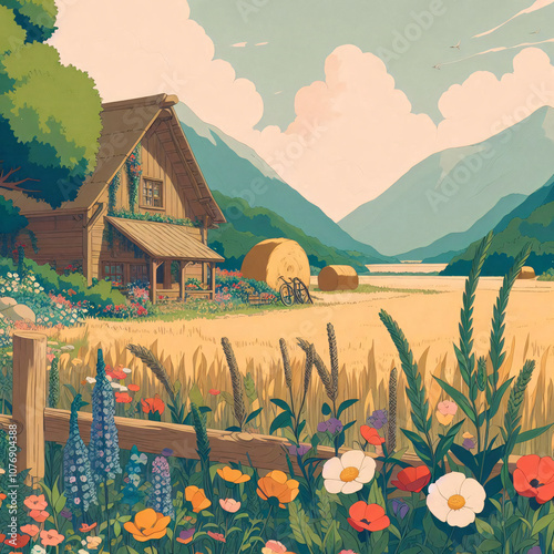 landscape with house and rice field. 