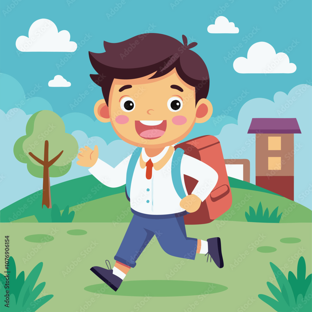 Fototapeta premium School Kid Happily Going School Vector