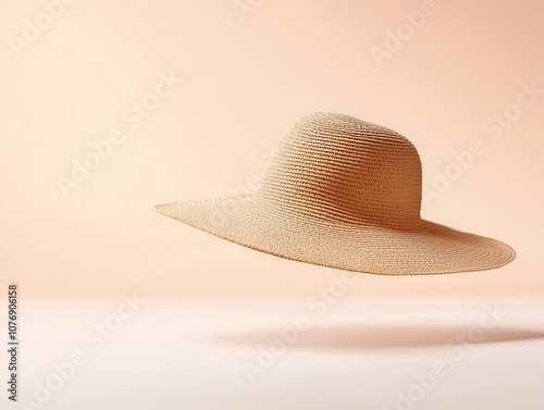 Large floppy sun hat, midflight and floating, isolated on a white background, exuding effortless elegance