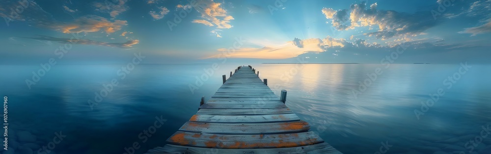 Fototapeta premium A wooden pier is in the water with the sun setting in the background