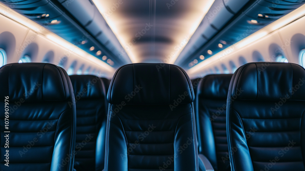 Fototapeta premium Empty rows of black leather seats in an airplane cabin, giving a view of the aisle and a clean, modern interior.