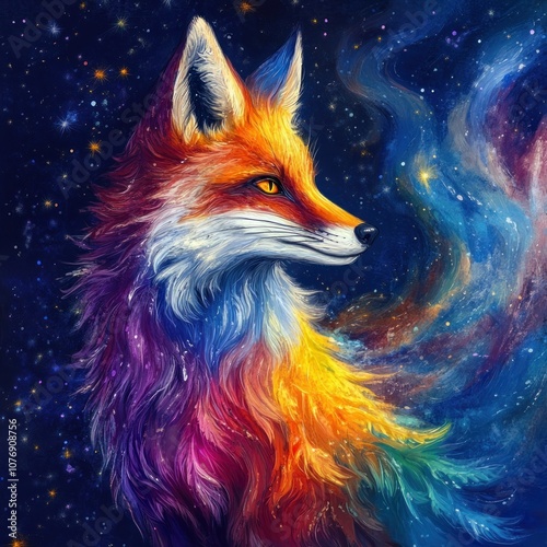 A vibrant fox with its fur blending into a colorful nebula. photo