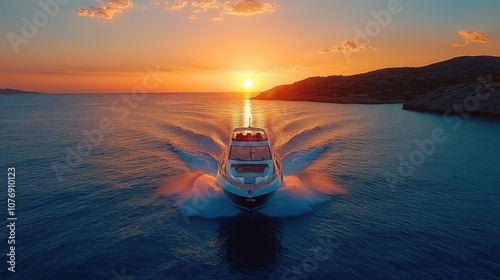 A sleek, white yacht speeds across the ocean at sunset, creating a V-shaped wake behind it. The sun is setting in the distance, casting a golden glow over the water.