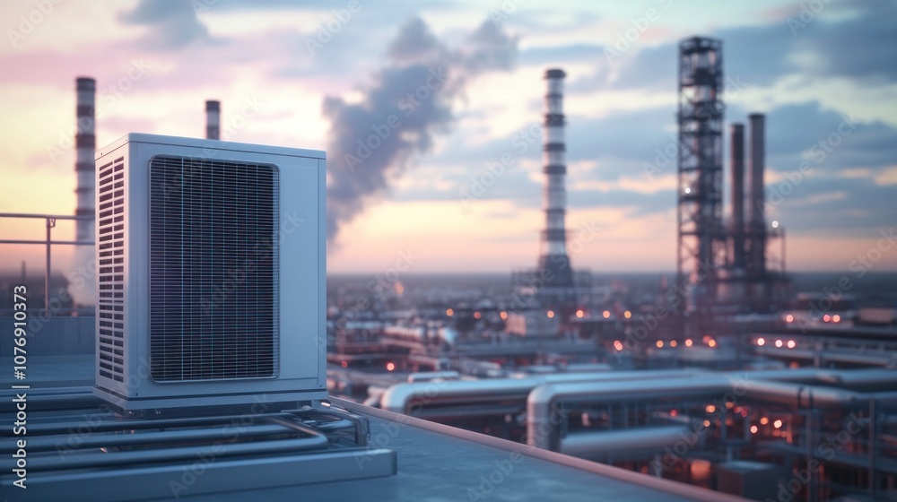 Fototapeta premium Industrial rooftop scene with an air conditioning unit and smokestacks in the background.