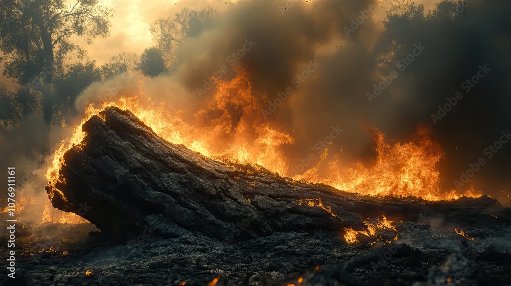 Fototapeta premium A fallen tree burns completely, engulfed in smoke during a devastating wildfire