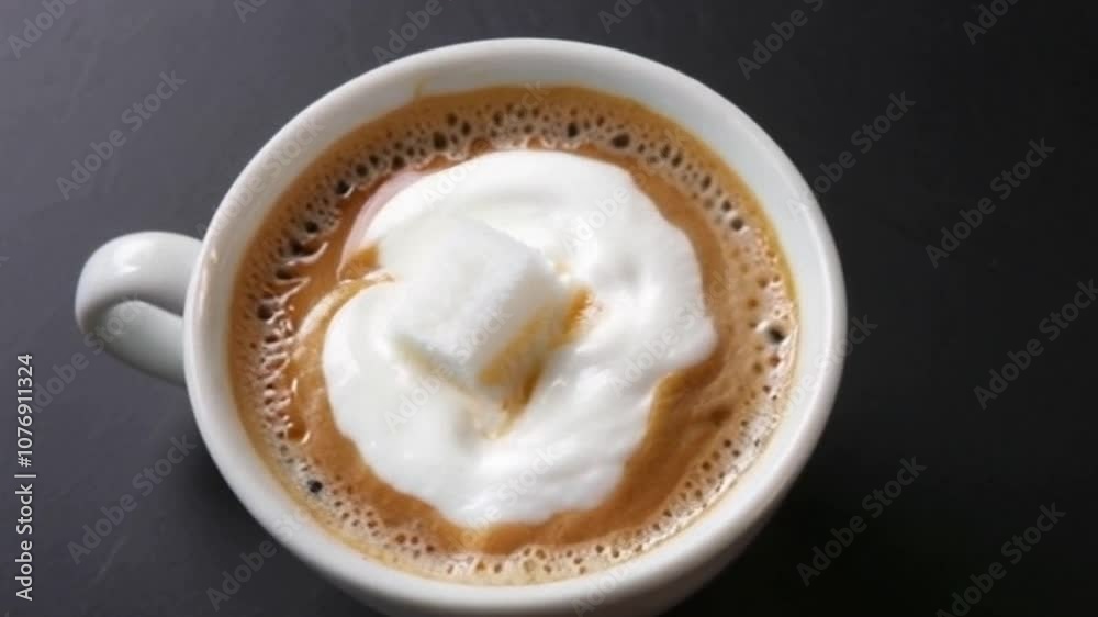 Close-up of smooth microfoam and rich espresso with a sugar cube, highlighting the modern and sophisticated appeal of the drink against a sleek countertop. Close-up of smooth microfoam and rich espresso with a sugar cube, highlighting the modern and sophisticated appeal of the drink against a sleek countertop.
