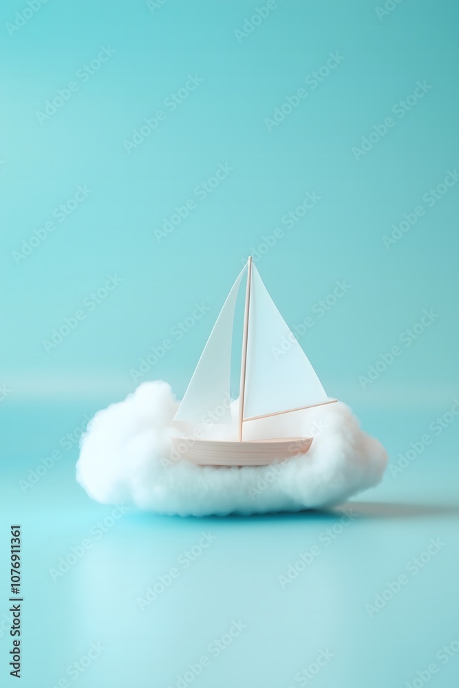 Minimalistic sailing boat on a cloud on a pastel blue background