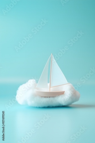 Obraz na płótnie Minimalistic sailing boat on a cloud on a pastel blue background w salonie