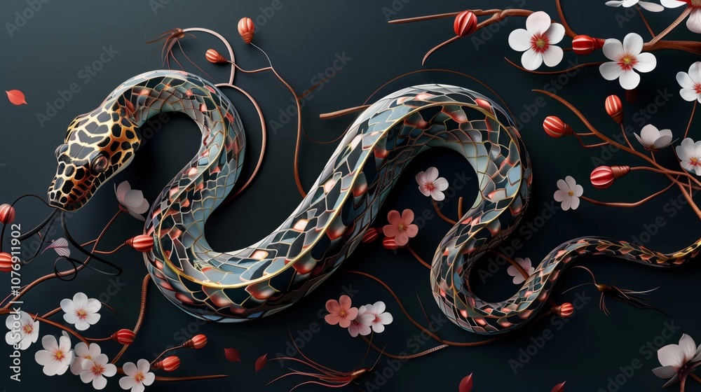 Obraz premium Artistic depiction of a colorful, detailed snake with geometric scales, surrounded by ethereal flowers and tendrils.