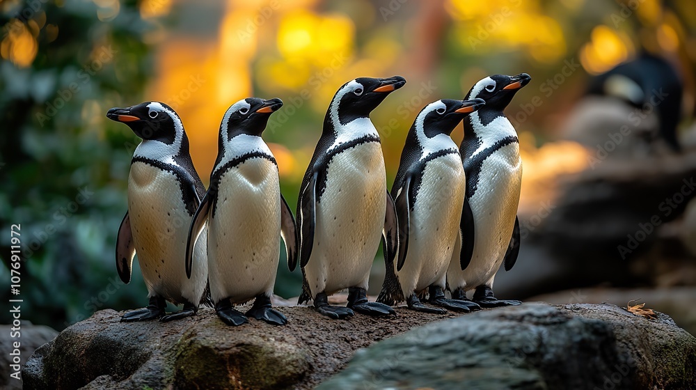 Fototapeta premium A family of penguins stands together, symbolizing unity and the importance of family in the animal kingdom