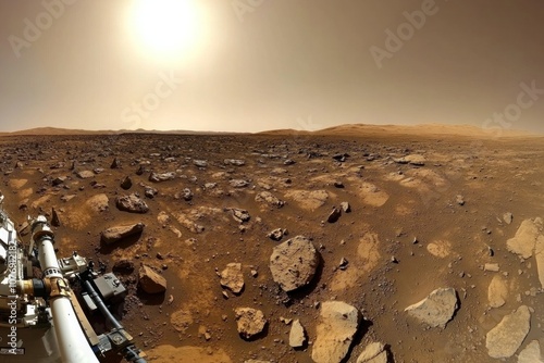 Mars exploration, rugged Martian landscape with rocky terrain and small rovers, distant view of the planet's horizon photo