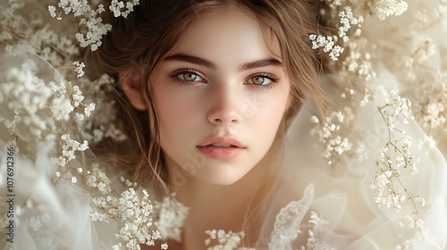 Captivating portrait of a young woman surrounded by delicate flowers