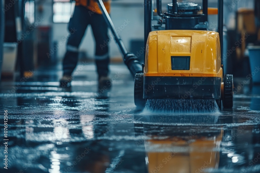 Fototapeta premium Industrial vacuum cleaner in action, powerful suction cleaning large industrial spaces, workers operating the machine