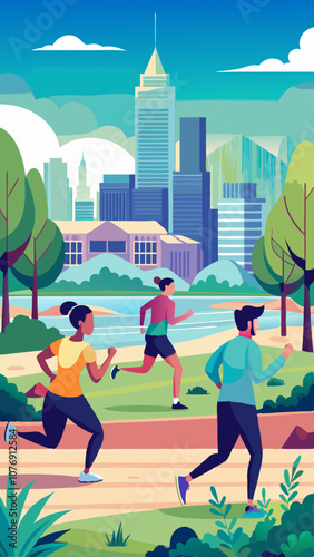 A group of people are running in a park with a city in the background