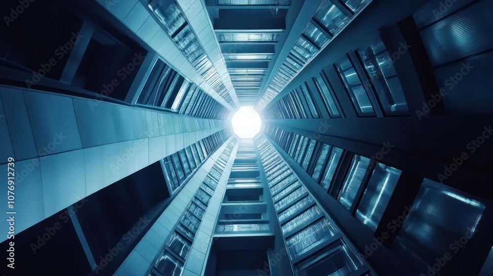 Obraz premium A view looking up through modern architecture, highlighting symmetry and light.