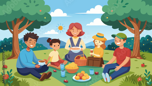 A family is having a picnic in a park