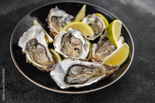 Oysters fresh seafood tasty food dish Fresh delicious gourmet food background on the table rustic food top view copy space top view pescetarianism diet photo