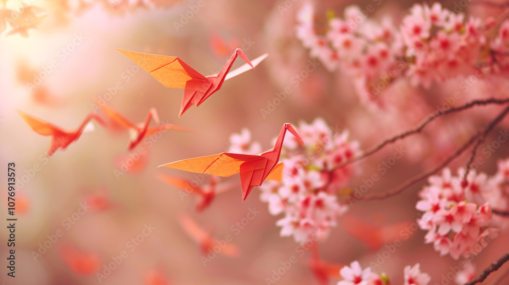 Orange origami cranes flying peacefully among soft pink cherry blossoms, symbolizing Japanese culture, tranquility, and springtime beauty