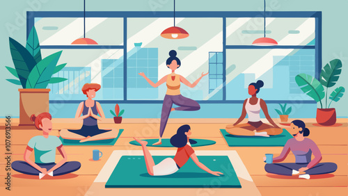 A group of people are doing yoga in a room with a view of the city