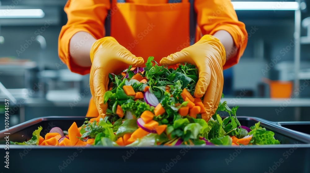 Professional food handler in gloves disposing of fresh vegetable waste ...