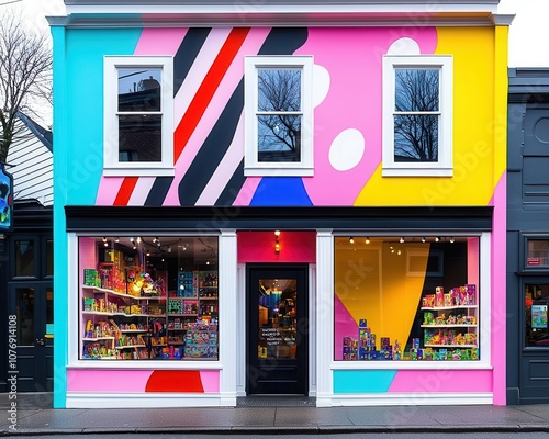 Whimsical toy store facade with playful shapes, bright colors, and cartoonthemed murals, Toy Store, Whimsical Fun photo