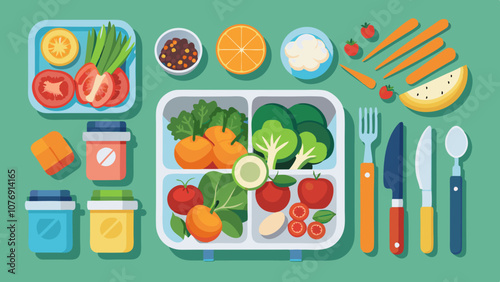 A colorful plate of food with a variety of fruits and vegetables