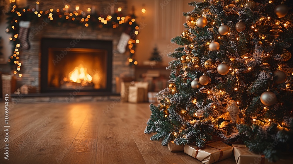 Festive Christmas tree and fireplace