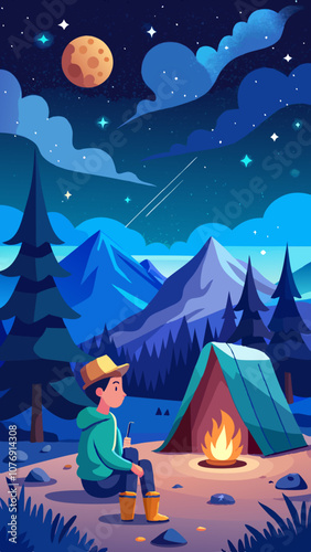 A boy sits by a campfire in the woods