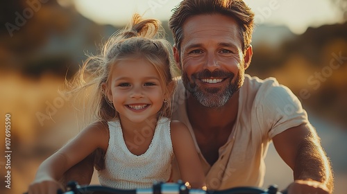 A father rides a bicycle with his daughter on the front seat, enjoying the benefits of sustainable, eco-friendly transport photo