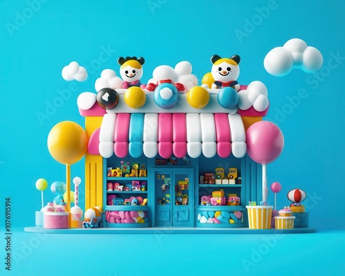 Cartooninspired toy store facade with large character statues, vibrant colors, and playful decor, Toy Store, Cartoon Fun photo